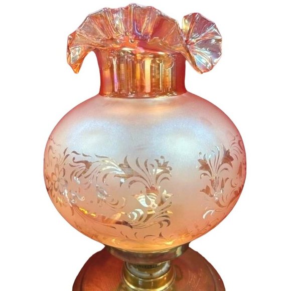 Antique Fenton Hurricane Oil Lamp Conv. Electric Iridescent Amber Shades Vintage - Picture 2 of 14